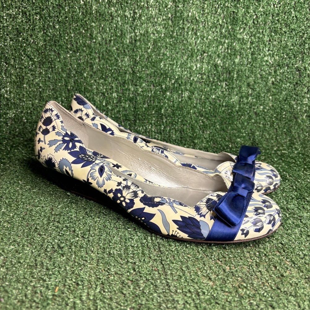 Arturo Chiang Floral Patent Bow Low Wedge Heel Shoes Blue Cream Womens Size 10M